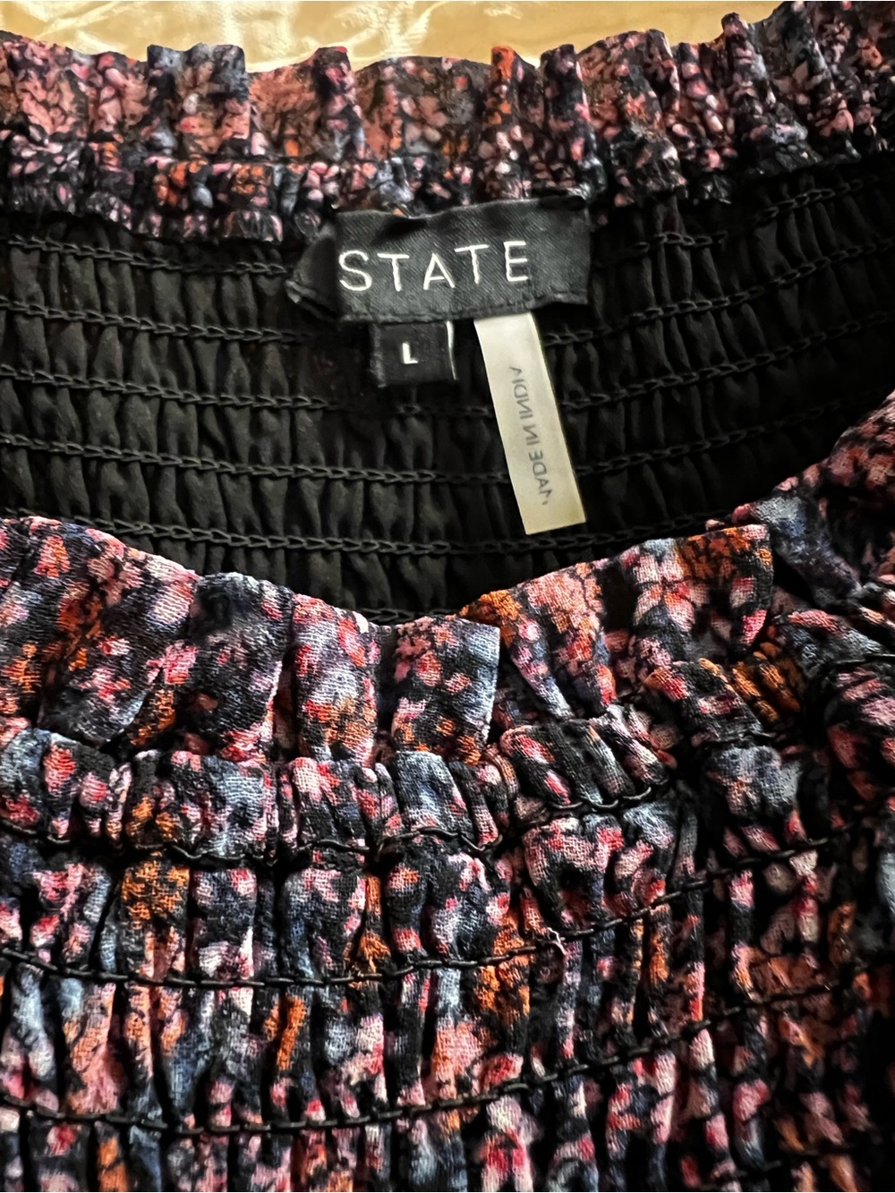 1. STATE Floral Smocked Long-Sleeve Mini Dress - Pink and Black - Picture 2 of 2